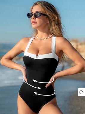 Cupshe Black & White V-Notch One-Piece Swimsuit